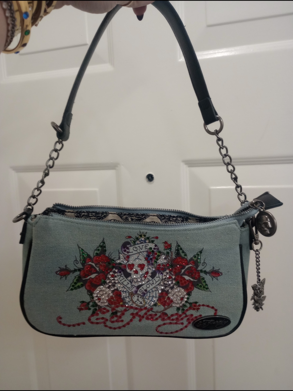 Ed Hardy Light Blue Swnim Shoulder Bag with Skull And Floral Embelishments